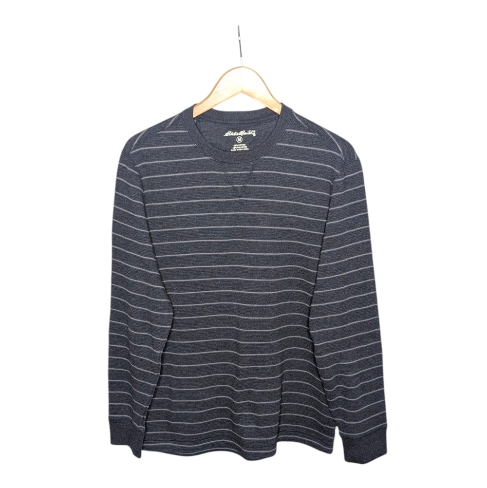 Eddie Bauer Long Sleeve Shirt Men's M Gray Striped Thermal Waffle Knit Crewneck